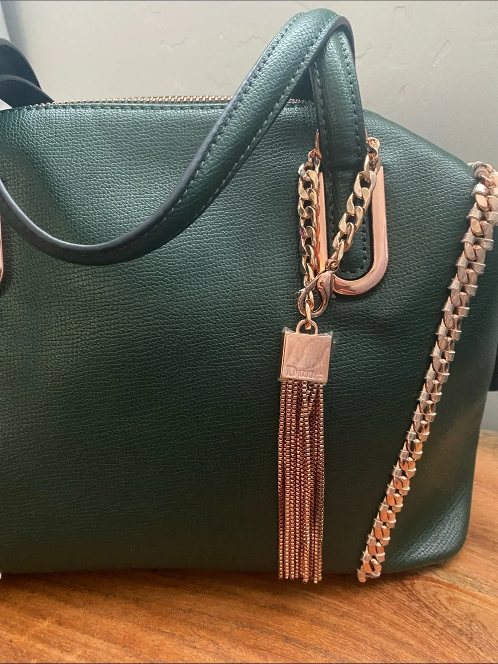 Dune London Dark Green Satchel with Rose Gold Chain Trim